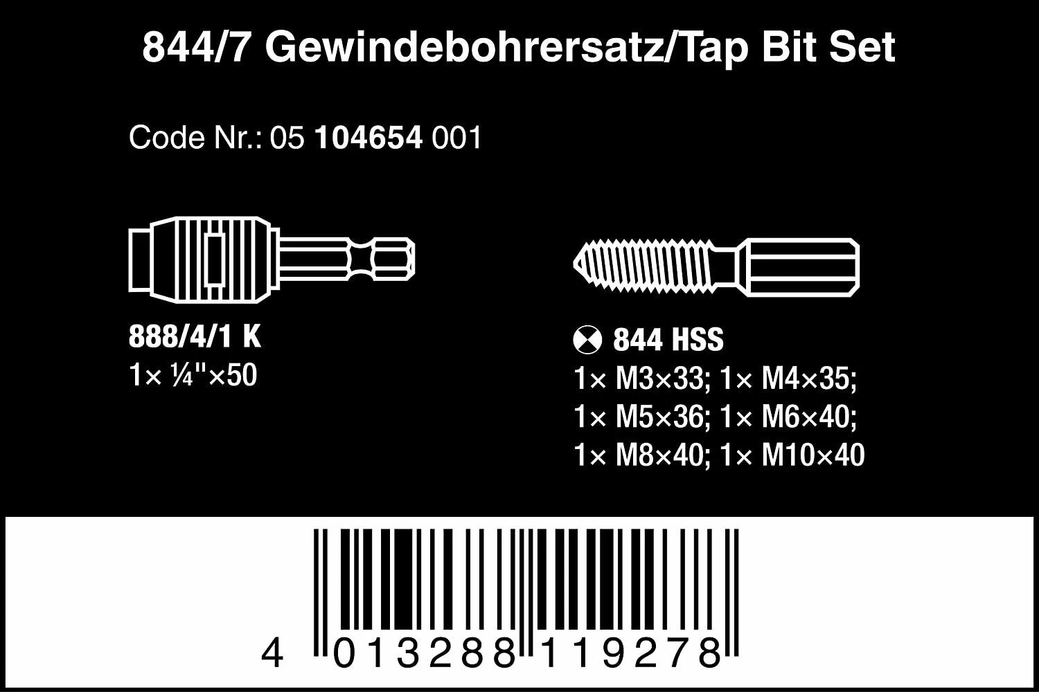 Wera 104654 844/7 7 Piece Metric HSS Metal Tap Threading Bit Set & 1/4" Bit Holder 8 Wera 104654 844/7 7 Piece Metric HSS Metal Tap Threading Bit Set & 1/4" Bit Holder - Image 6